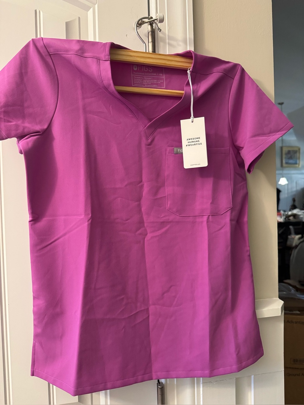 Figs Women's Short Sleeve V-Neck Scrub Top in Magenta Pink